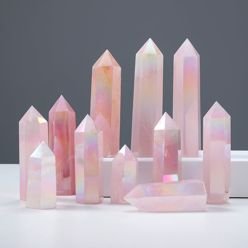 Natural Crystal Rough, Hexagonal Prism, Electroplating Rose Quartz, Crystal Single-Pointed Column, Pink Ore Specimen, Decorative Ornament