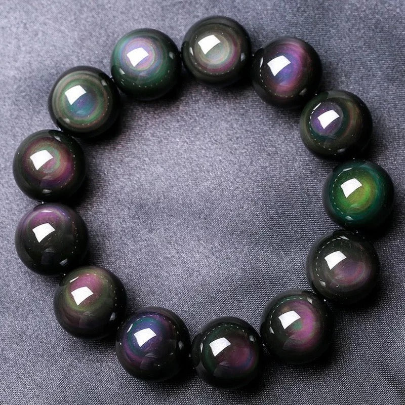 Gelang obsidian mata pelangi berganda semula jadi, model lelaki dan wanita, gelang bulatan tunggal obsidian mata dua, pasangan kristal positif