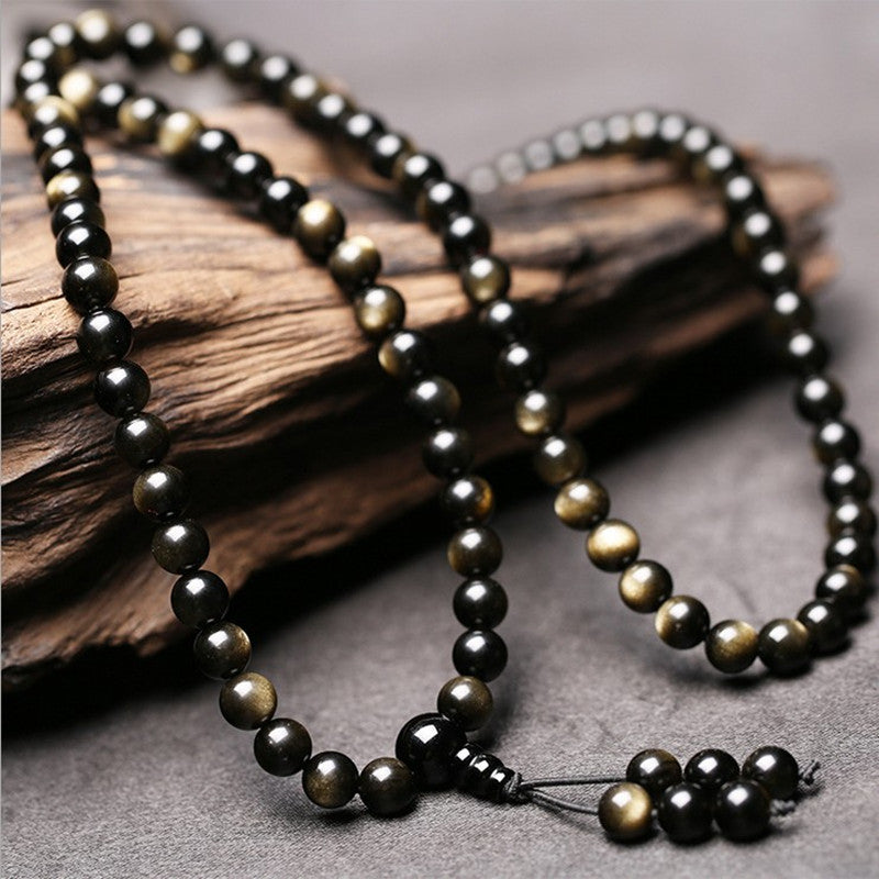 Natural Obsidian Bracelet, Men and Women, 108 Buddha Beads Bracelet, Crystal Couple Jewelry Gift