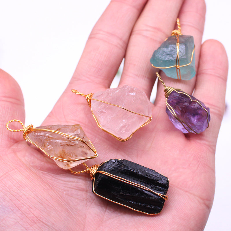 Natural crystal rough stone pendant, fluorite, hand-woven, collarbone chain necklace, jewelry, gift, simple pendant