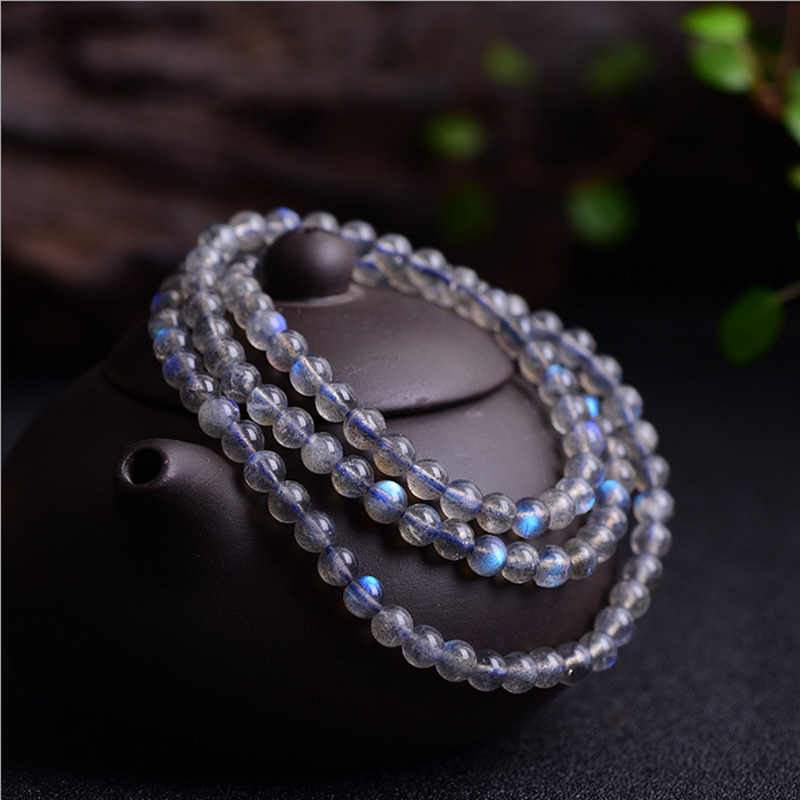 Gelang batu bulan kelabu semula jadi, ringkas, labradorit biru badan kelabu, gelang tiga pusingan, berbilang pusingan