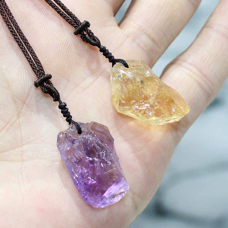 Natural crystal raw stone pendants, purple and yellow mineral crystals, men's and women's necklaces, clavicle chains, jewelry, gemstones, pendants