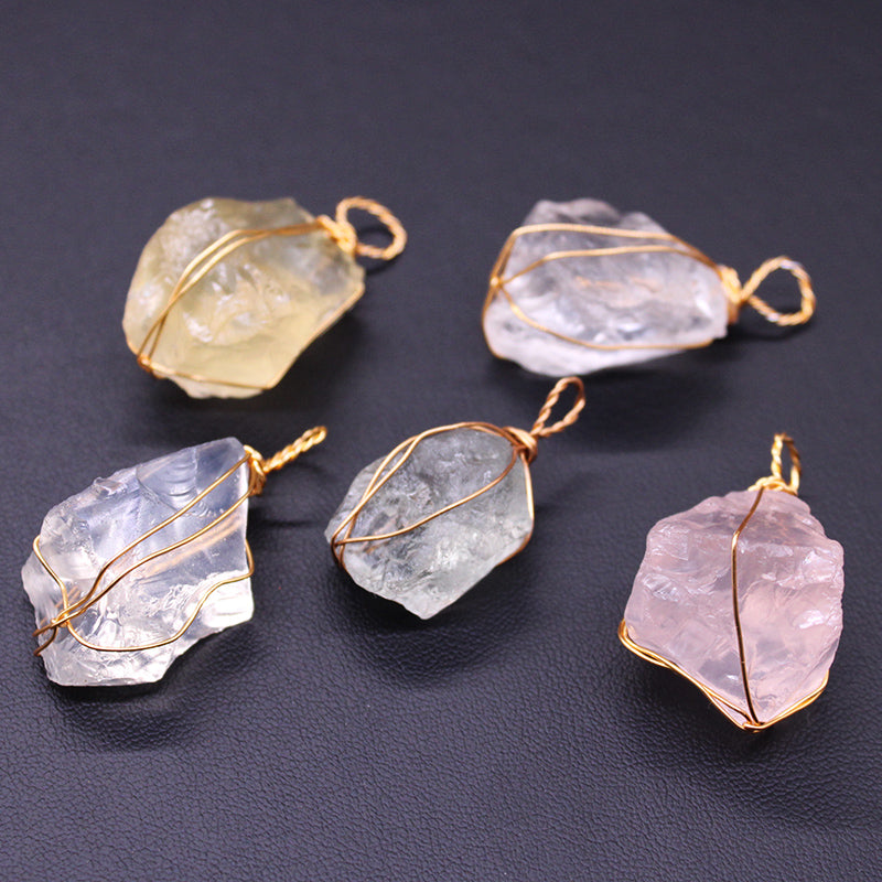 Natural crystal rough stone pendant, fluorite, hand-woven, collarbone chain necklace, jewelry, gift, simple pendant