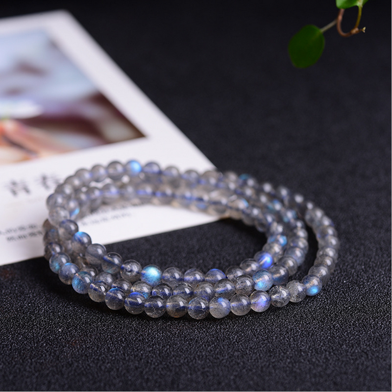 Gelang batu bulan kelabu semula jadi, ringkas, labradorit biru badan kelabu, gelang tiga pusingan, berbilang pusingan