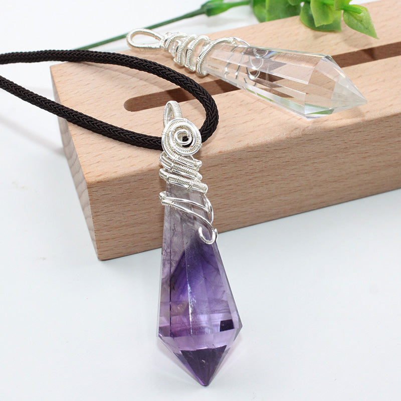 Kalung kristal asli, bandul, loket, polihedron, loket penggulungan, ungu, putih, model lelaki dan wanita, rantai baju sejuk