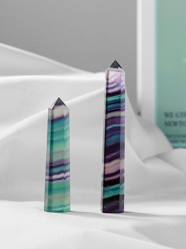 Fluorit berwarna-warni semula jadi, titik tunggal heksagon, tiang kristal amethyst kasar, hiasan meja