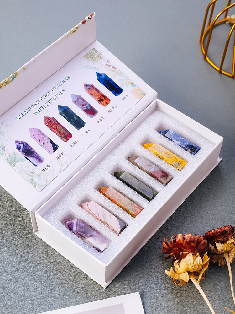 Natural Crystal Rough Crystal Column, Decoration, Specimen Ore, Agate, Gemstone, Seven Colors, Box Set, Home Decoration