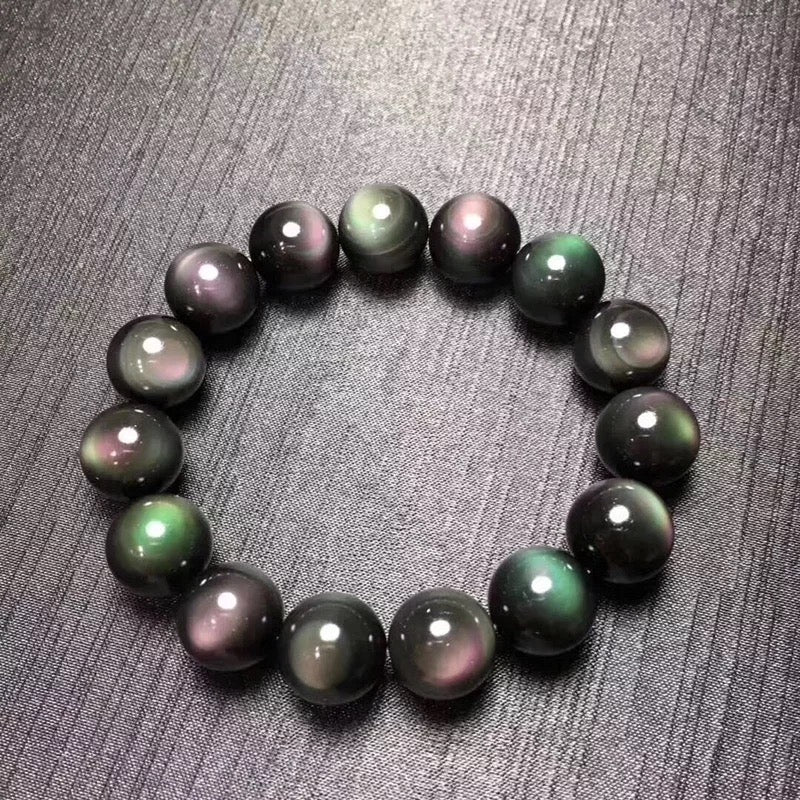 Gelang obsidian mata pelangi berganda semula jadi, model lelaki dan wanita, gelang bulatan tunggal obsidian mata dua, pasangan kristal positif
