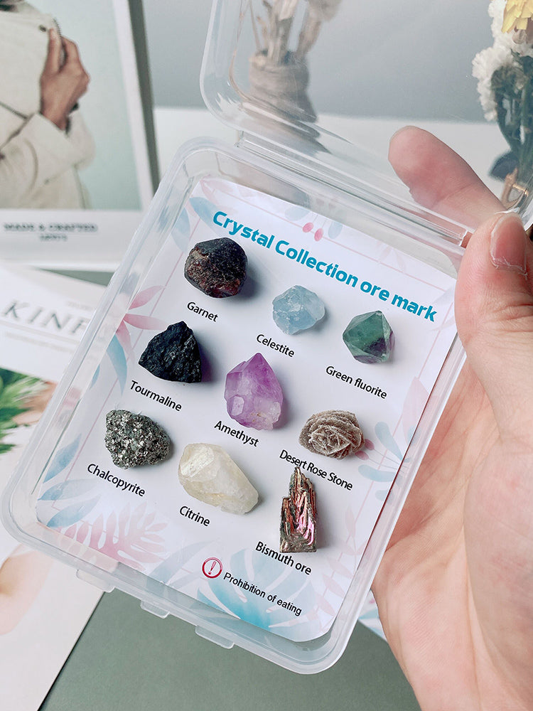9 jenis spesimen bijih mineral kotak kayu kristal bahan bantu mengajar kristal asli perhiasan batu mentah batu akik kotak hadiah bijih mentah