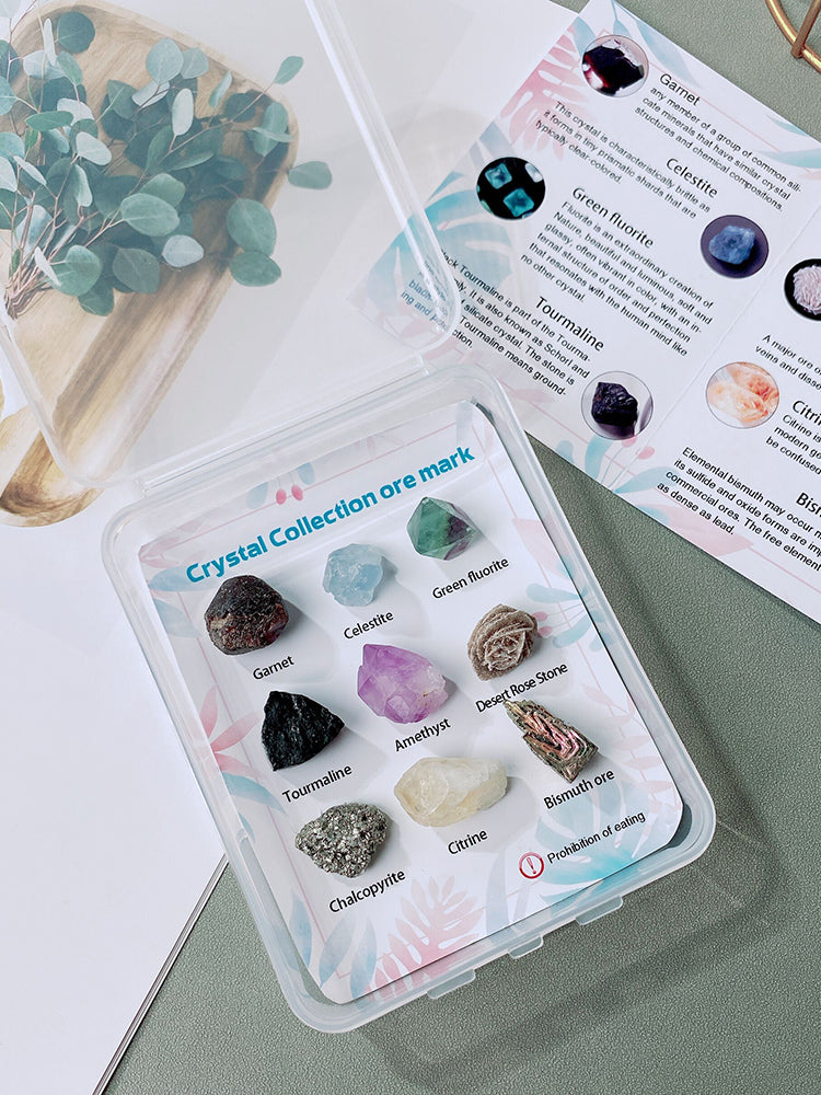 9 jenis spesimen bijih mineral kotak kayu kristal bahan bantu mengajar kristal asli perhiasan batu mentah batu akik kotak hadiah bijih mentah