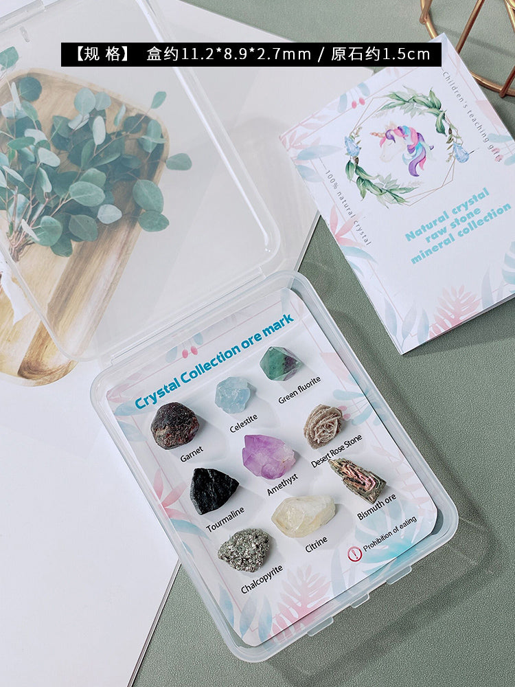 9 jenis spesimen bijih mineral kotak kayu kristal bahan bantu mengajar kristal asli perhiasan batu mentah batu akik kotak hadiah bijih mentah