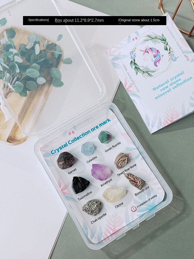 9 jenis spesimen bijih mineral kotak kayu kristal bahan bantu mengajar kristal asli perhiasan batu mentah batu akik kotak hadiah bijih mentah