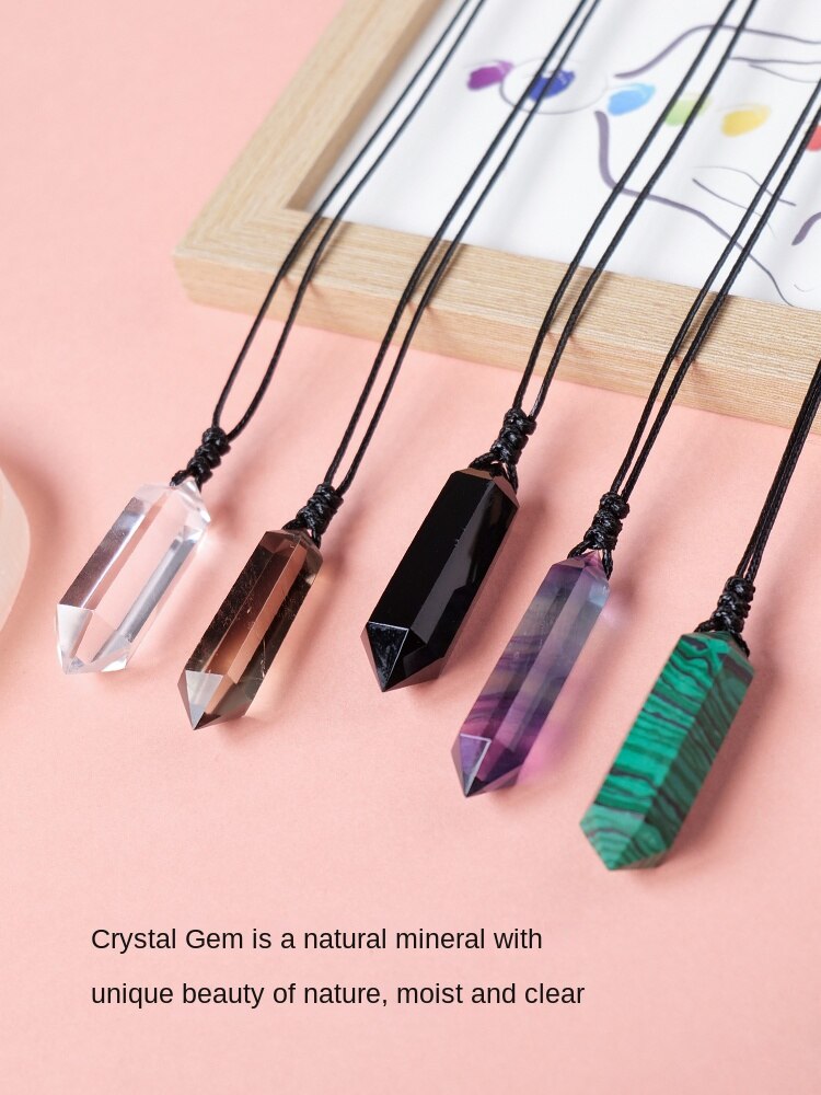 Natural crystal raw stone hexagonal prism ornaments double-pointed crystal column pentagram winding jewelry men and women pendants