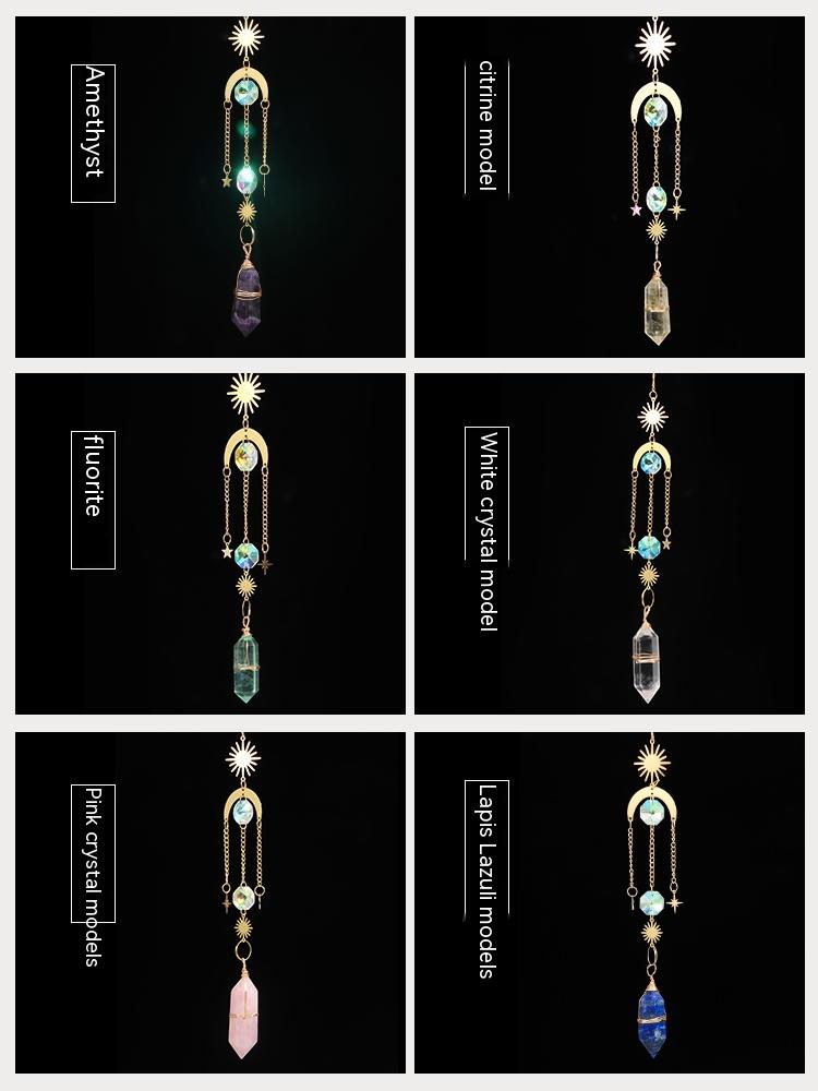 Natural crystal, sun catcher, double-pointed crystal column, wind chime quartz pendant, handmade star and moon window pendant, decorative gift