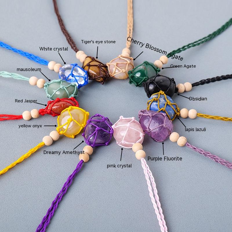 Natural Stone Crystal, Ore, Rough, Tumbled, Net Bag Pendant, Hand-Woven Net Bag Pendant, Necklace, Sweater Chain