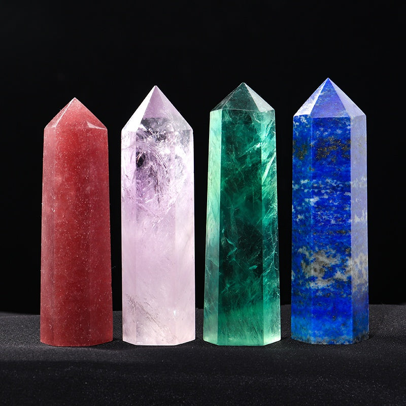 Lajur runcing tunggal kristal asli, kecubung merah jambu kuning putih, prisma heksagon, hiasan batu asli, hiasan
