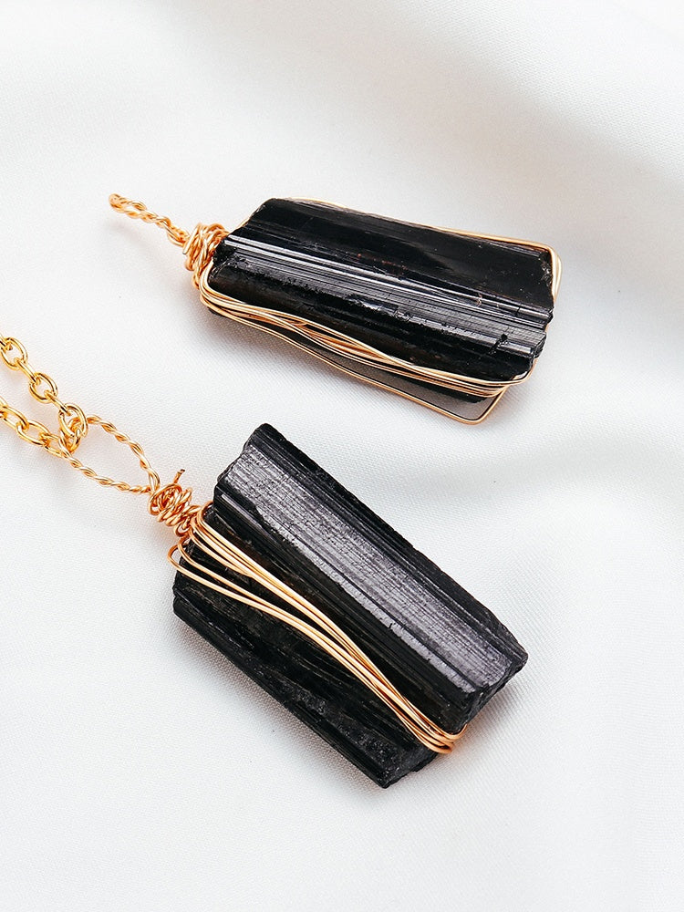 Natural Crystal Rough, Black Tourmaline, Gold Chain, Pendant, Hand-Woven, Tourmaline, Irregular, Personality Pendant