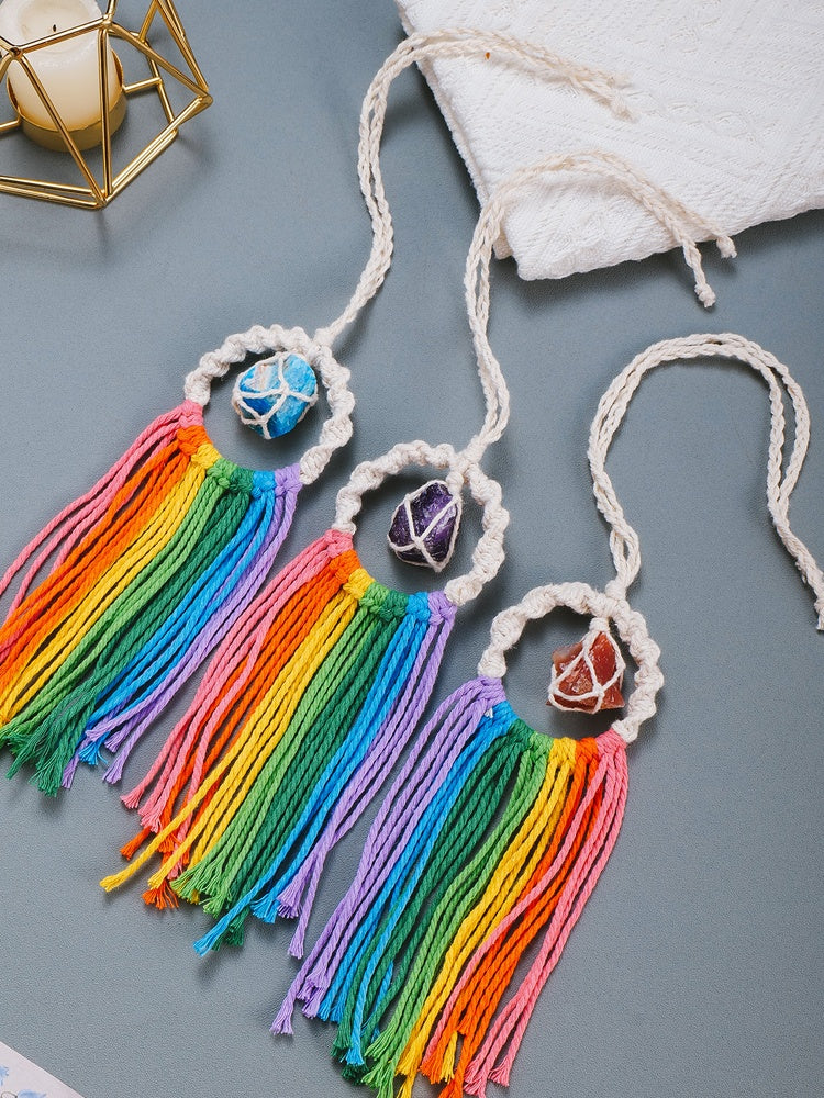 Natural Crystal Rough, Rainbow Pendant, Vehicle-Mounted, Hand-Woven, Ore Decoration, Car Key Chain