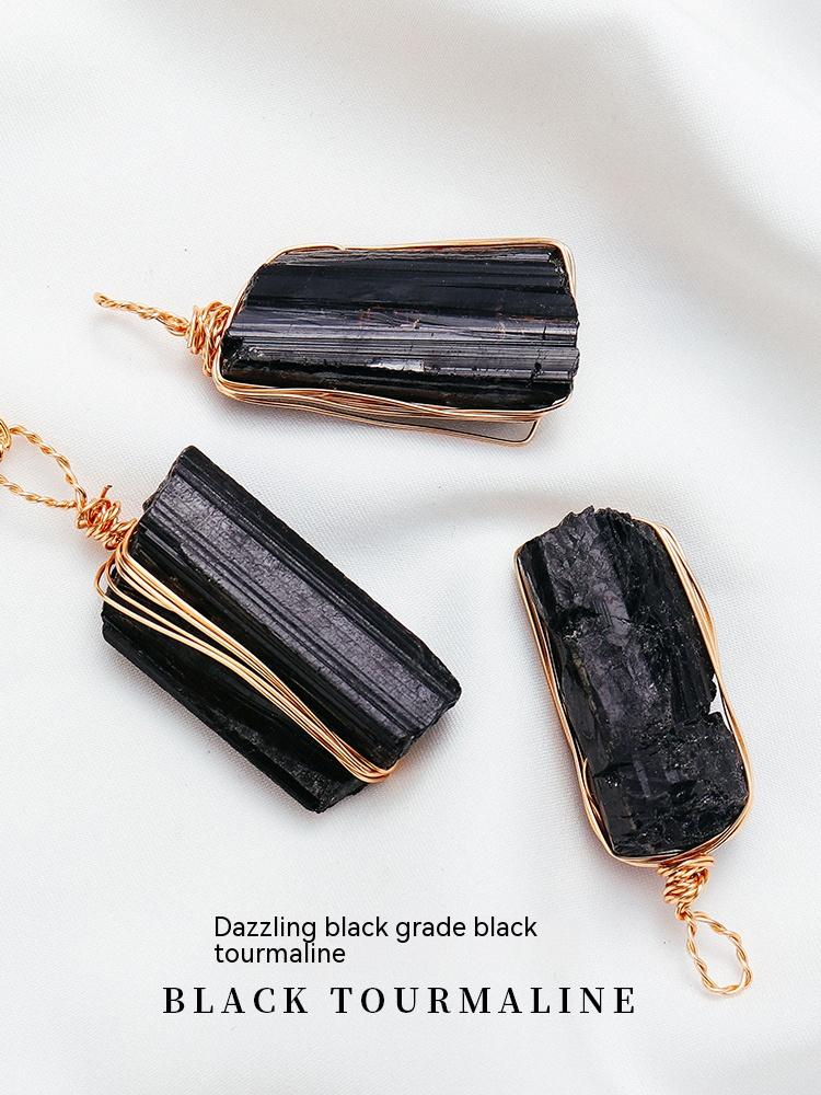 Natural Crystal Rough, Black Tourmaline, Gold Chain, Pendant, Hand-Woven, Tourmaline, Irregular, Personality Pendant