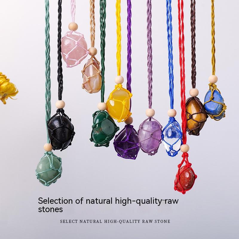 Natural Stone Crystal, Ore, Rough, Tumbled, Net Bag Pendant, Hand-Woven Net Bag Pendant, Necklace, Sweater Chain