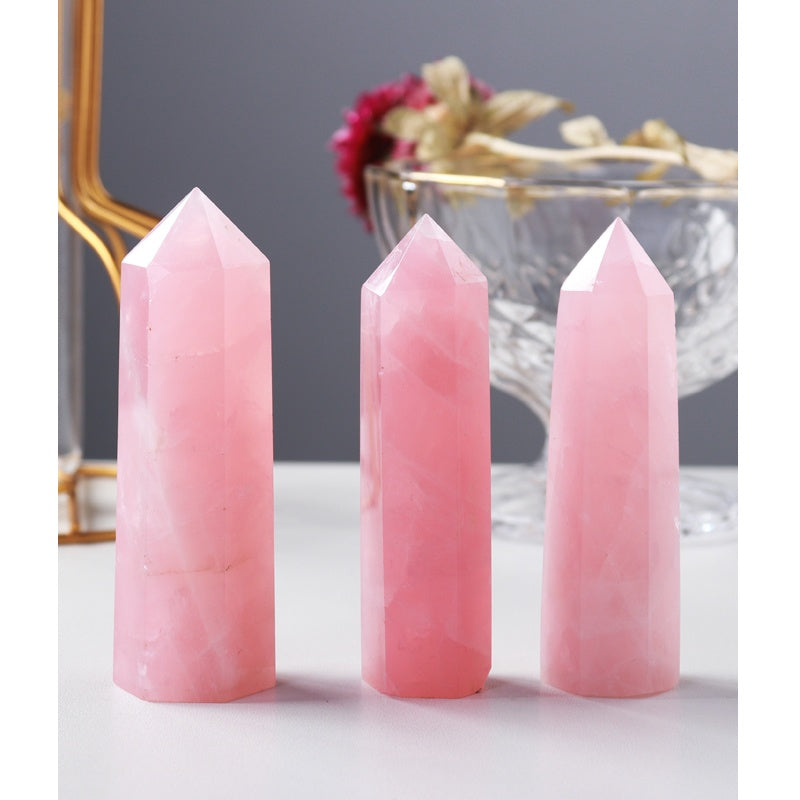 Prisma heksagon kristal merah jambu asli, batu kasar, bijih, meja, anjung, hiasan, prisma heksagon, titik tunggal