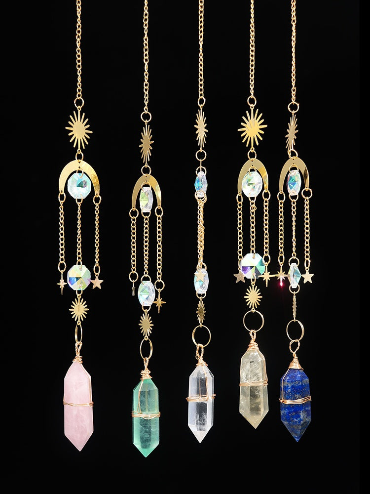 Natural crystal, sun catcher, double-pointed crystal column, wind chime quartz pendant, handmade star and moon window pendant, decorative gift