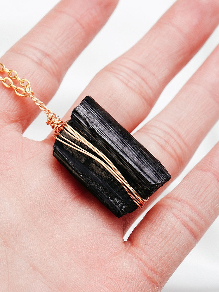 Natural Crystal Rough, Black Tourmaline, Gold Chain, Pendant, Hand-Woven, Tourmaline, Irregular, Personality Pendant