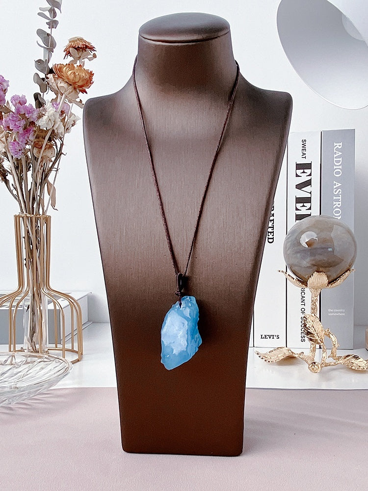 Natural Aquamarine Rough Pendant, Freeform, Iced Glutinous Sea Sapphire Blue Necklace, Blue Crystal, Sweater Chain, Jewelry