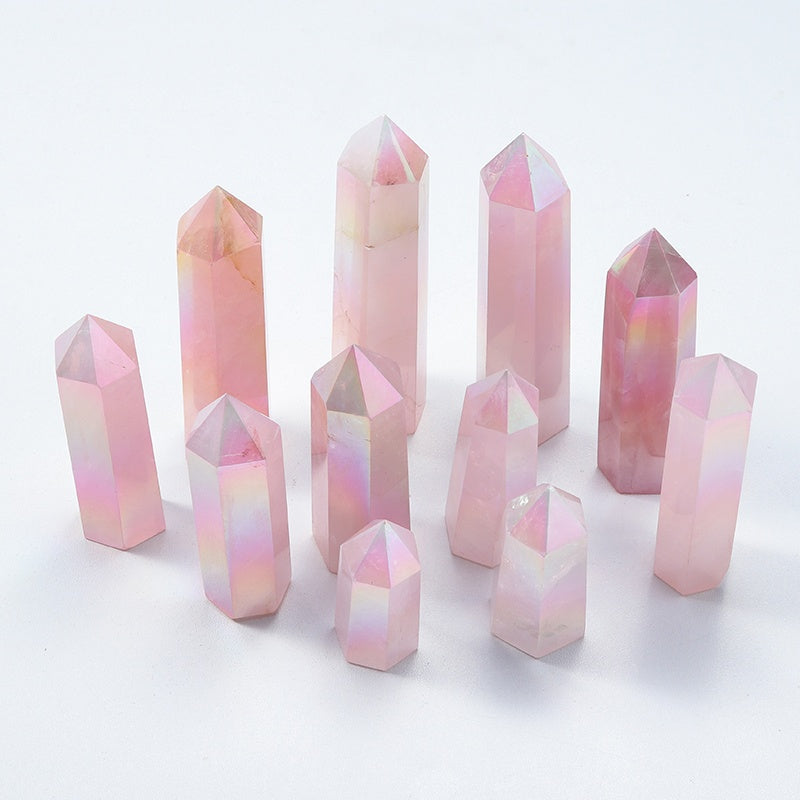 Natural Crystal Rough, Hexagonal Prism, Electroplating Rose Quartz, Crystal Single-Pointed Column, Pink Ore Specimen, Decorative Ornament