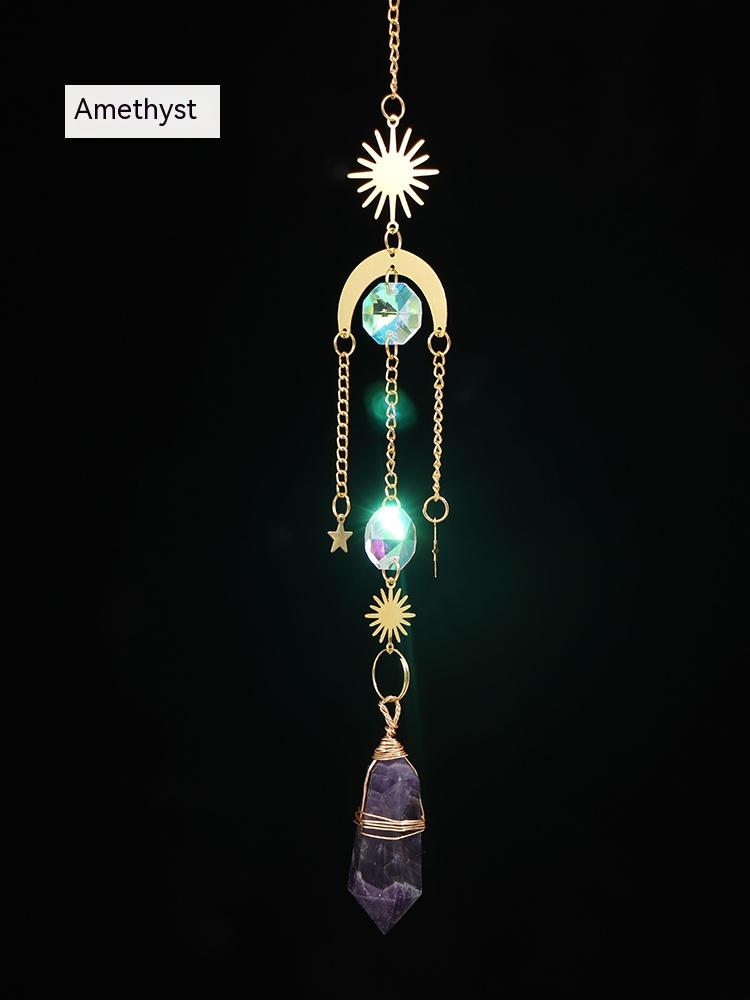 Natural crystal, sun catcher, double-pointed crystal column, wind chime quartz pendant, handmade star and moon window pendant, decorative gift
