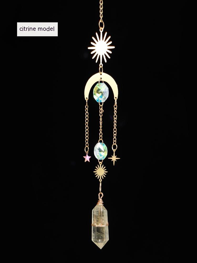 Natural crystal, sun catcher, double-pointed crystal column, wind chime quartz pendant, handmade star and moon window pendant, decorative gift