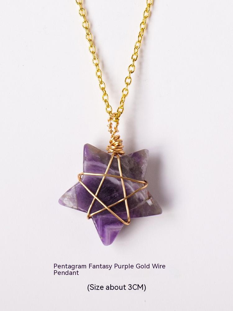 Natural crystal raw stone hexagonal prism ornaments double-pointed crystal column pentagram winding jewelry men and women pendants