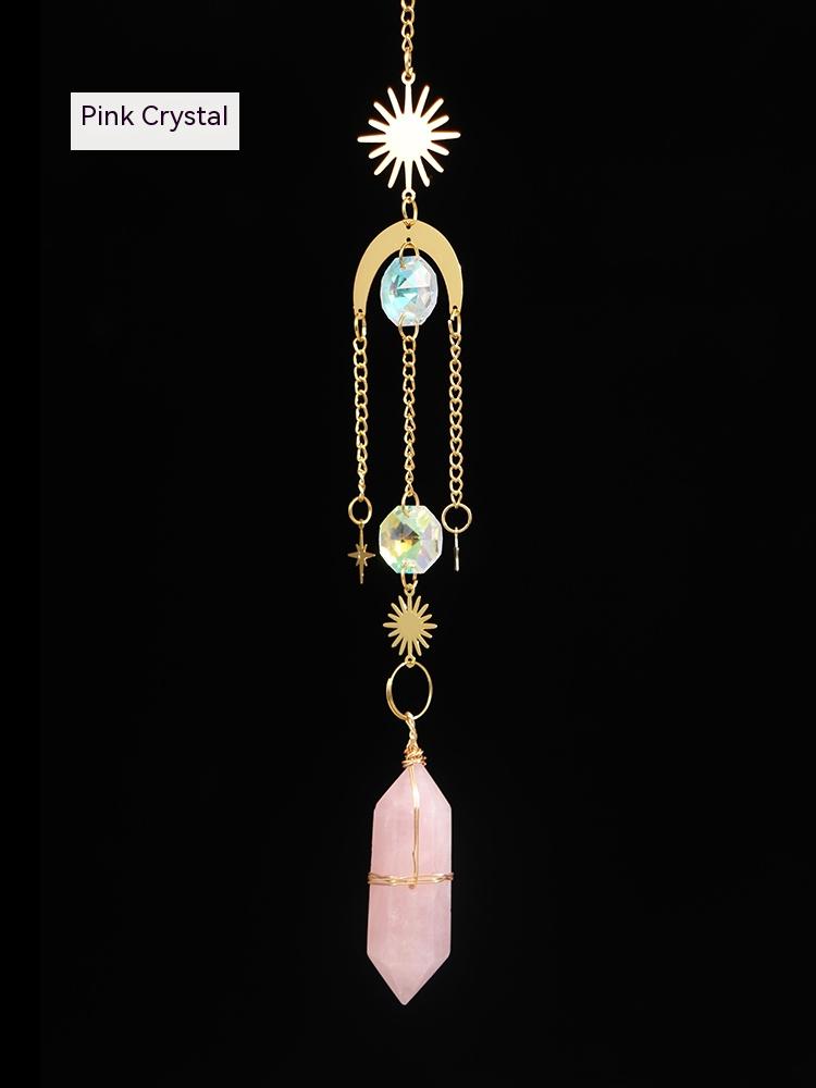 Natural crystal, sun catcher, double-pointed crystal column, wind chime quartz pendant, handmade star and moon window pendant, decorative gift