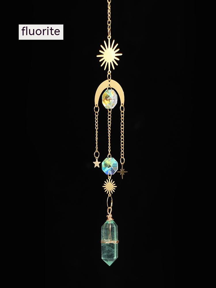Natural crystal, sun catcher, double-pointed crystal column, wind chime quartz pendant, handmade star and moon window pendant, decorative gift