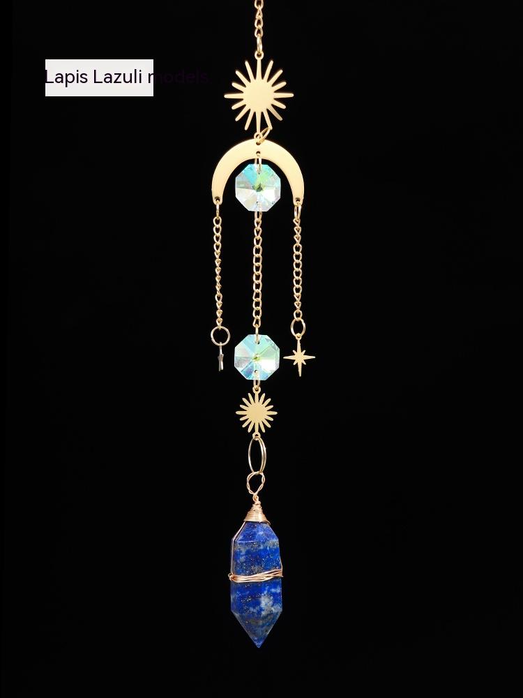 Natural crystal, sun catcher, double-pointed crystal column, wind chime quartz pendant, handmade star and moon window pendant, decorative gift