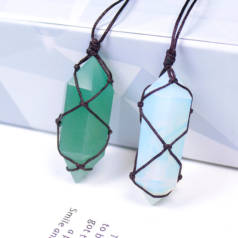 Natural Crystal Rough, Double-Pointed Hexagonal Prism, Hand-Woven Net Bag, Pendant, Jewelry, Fashion Necklace