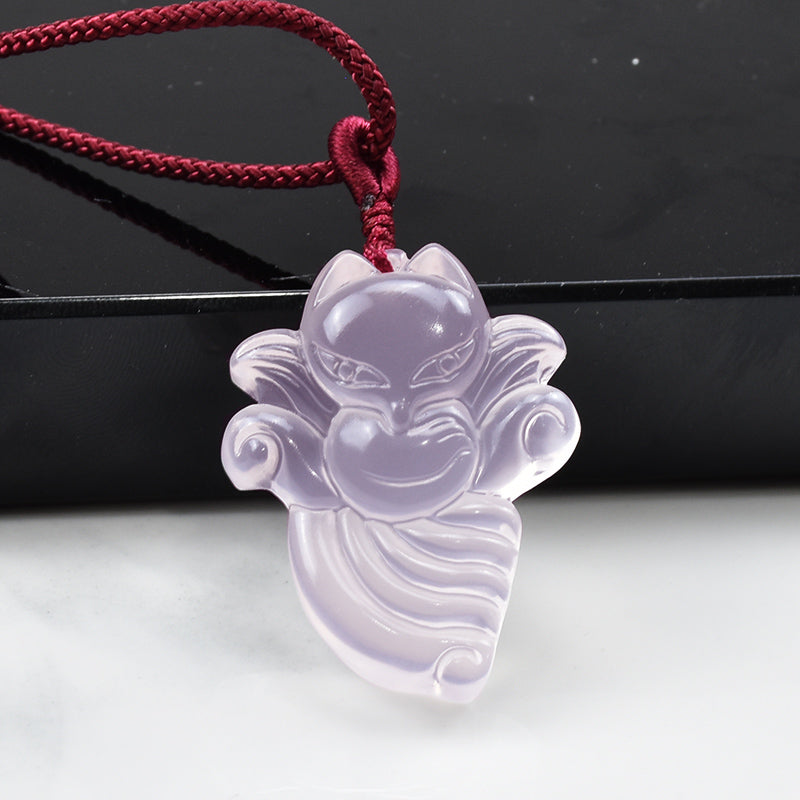 Natural ice powder, crystal fox pendant, nine-tailed fox, peach blossom rough stone, male and female couples, necklaces, pendants, gifts 