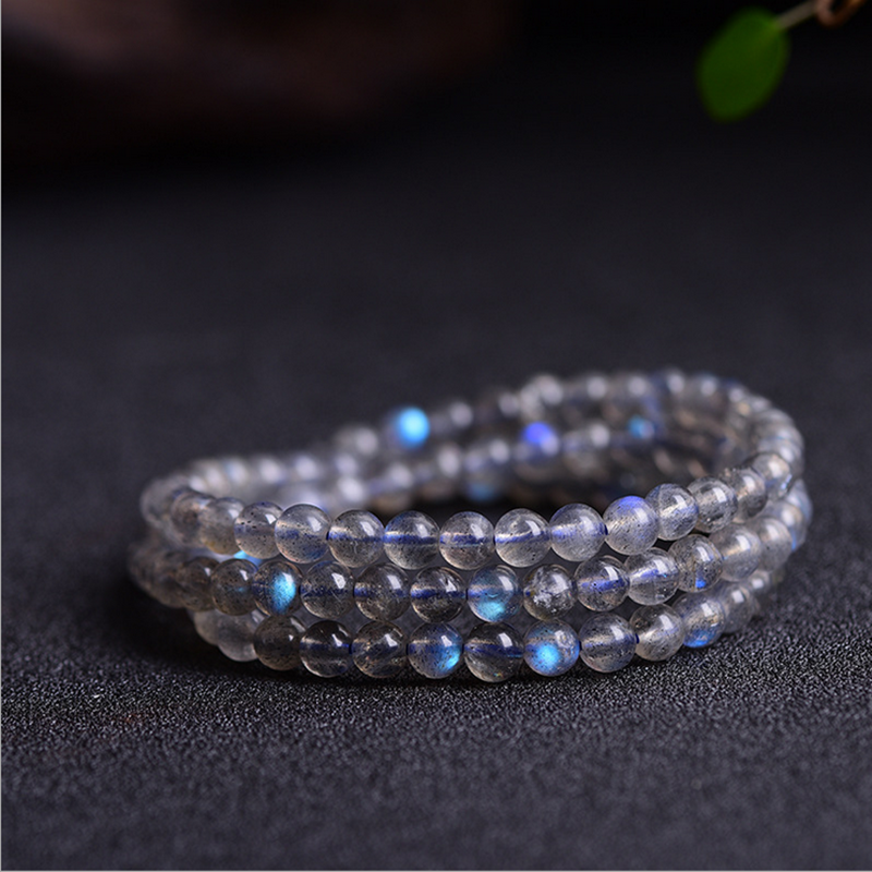 Gelang batu bulan kelabu semula jadi, ringkas, labradorit biru badan kelabu, gelang tiga pusingan, berbilang pusingan 
