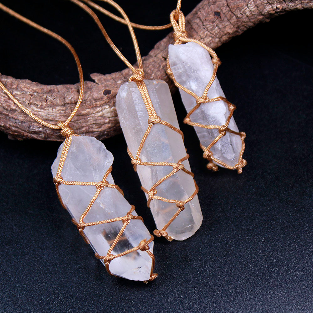 Natural Single White Crystal Rough Pendant, Hand-Woven Net Bag, DIY Jewelry Necklace