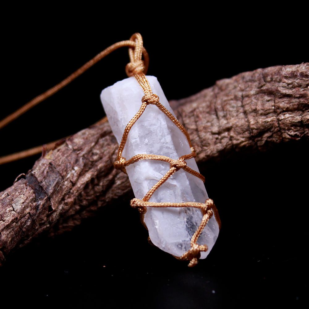 Natural Single White Crystal Rough Pendant, Hand-Woven Net Bag, DIY Jewelry Necklace