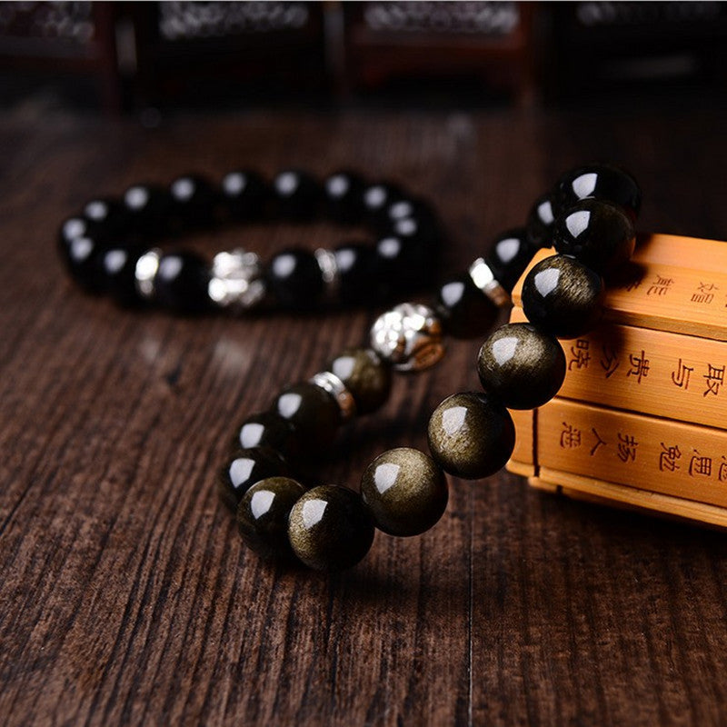 Obsidian Mata Pelangi Semulajadi, Gelang Pixiu, Gelang Jin Yaoshi untuk Lelaki dan Wanita, Cincin Tunggal untuk Pasangan, Kristal Manik Buddha, Gelang 