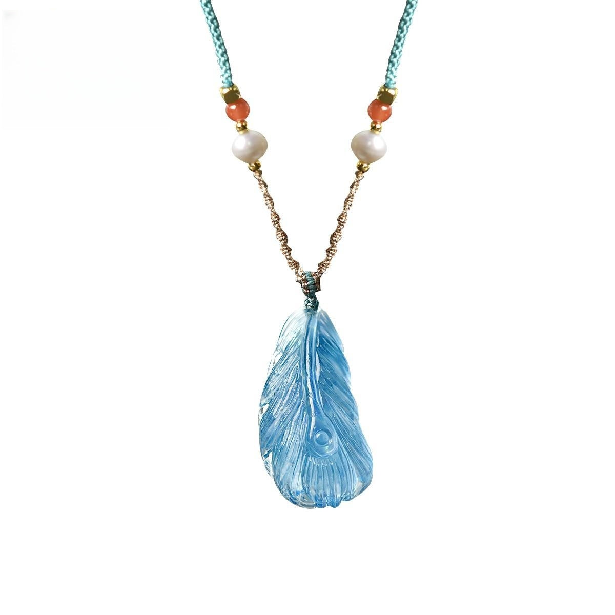 Aquamarine pendant, rough stone carving, feather, blue crystal, gemstone pendant, necklace, ice aquamarine, necklace 