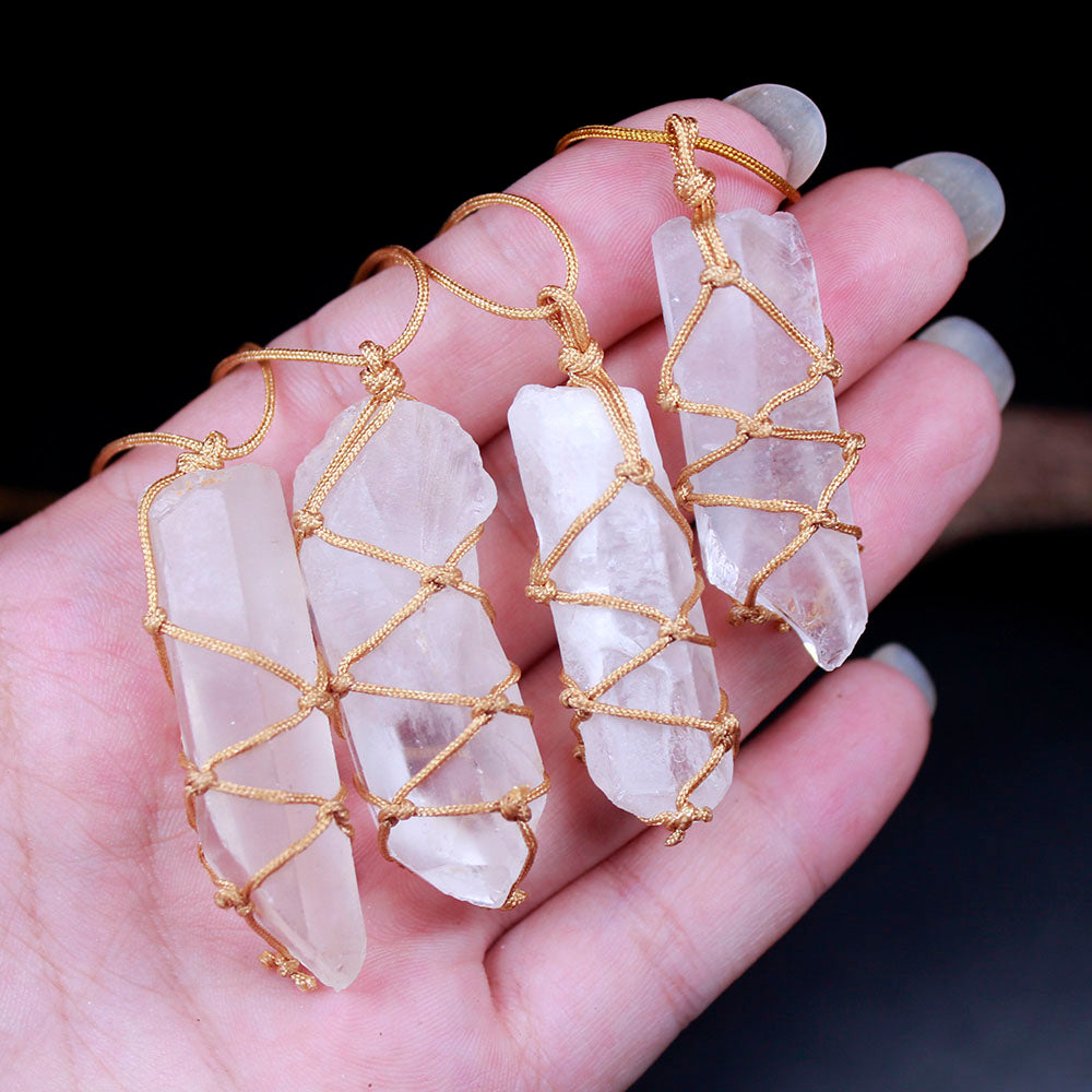 Natural Single White Crystal Rough Pendant, Hand-Woven Net Bag, DIY Jewelry Necklace
