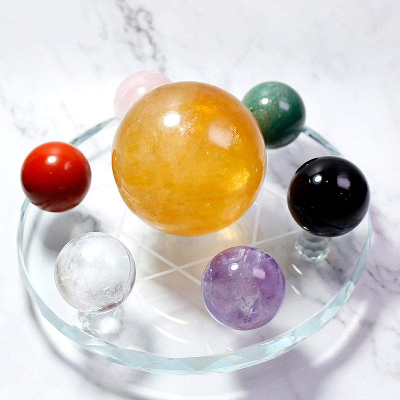 Bola kristal asli, susunan tujuh bintang, serbuk ungu putih, obsidian, batu kasar, hiasan, ruang tamu rumah, hiasan beranda 