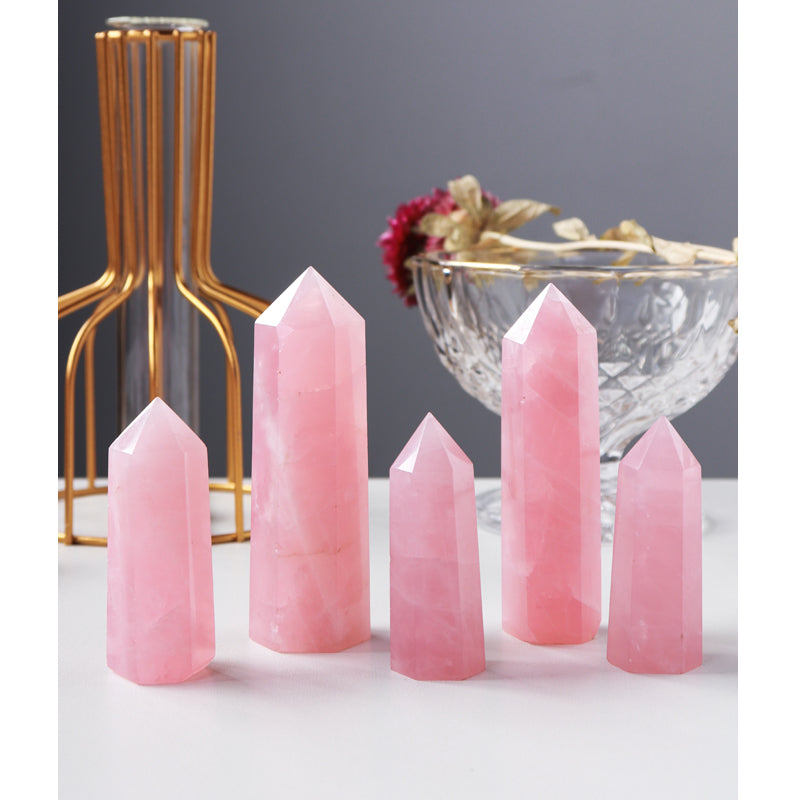 Prisma heksagon kristal merah jambu asli, batu kasar, bijih, meja, anjung, hiasan, prisma heksagon, titik tunggal 