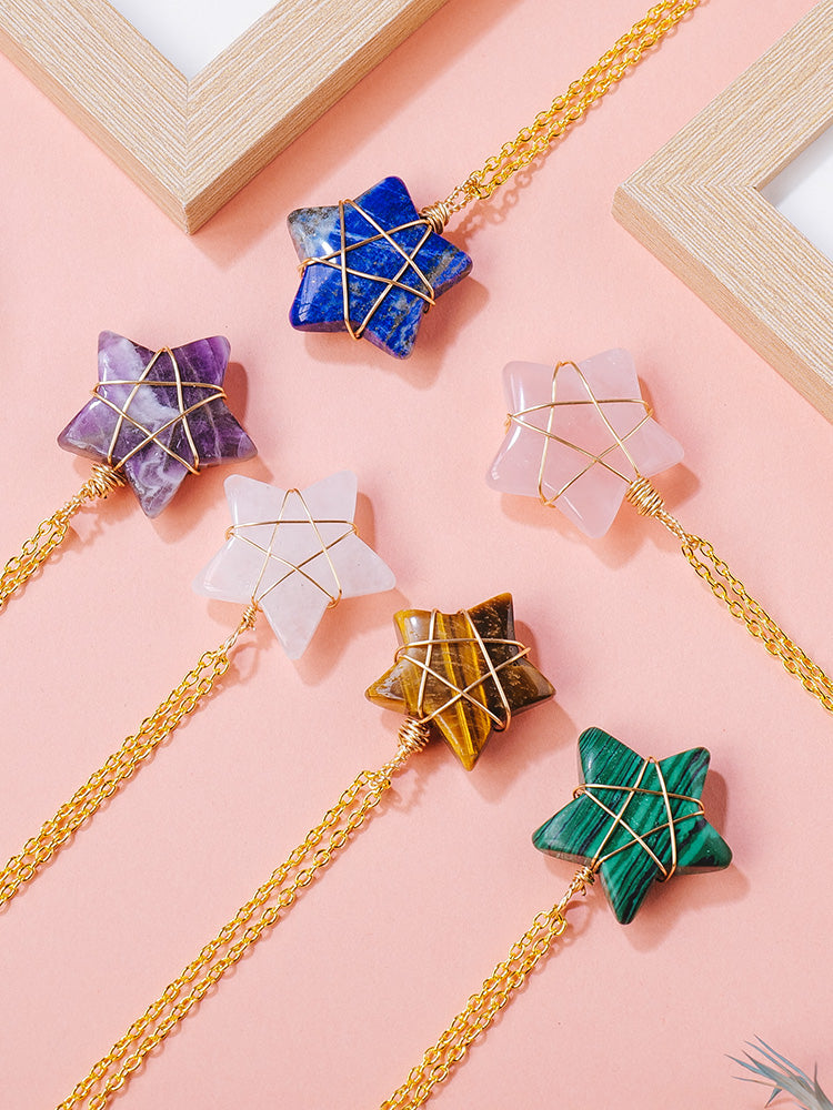 Natural crystal raw stone hexagonal prism ornaments double-pointed crystal column pentagram winding jewelry men and women pendants
