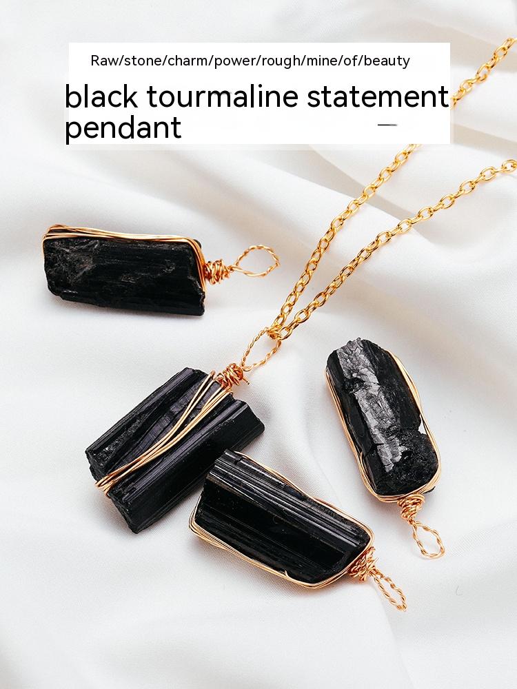 Natural Crystal Rough, Black Tourmaline, Gold Chain, Pendant, Hand-Woven, Tourmaline, Irregular, Personality Pendant