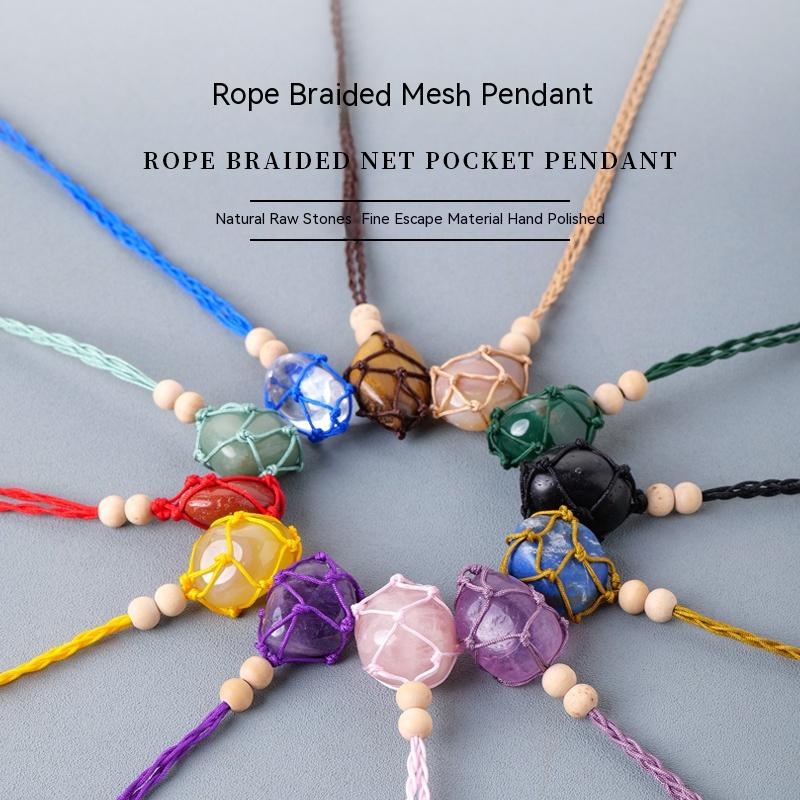 Natural Stone Crystal, Ore, Rough, Tumbled, Net Bag Pendant, Hand-Woven Net Bag Pendant, Necklace, Sweater Chain