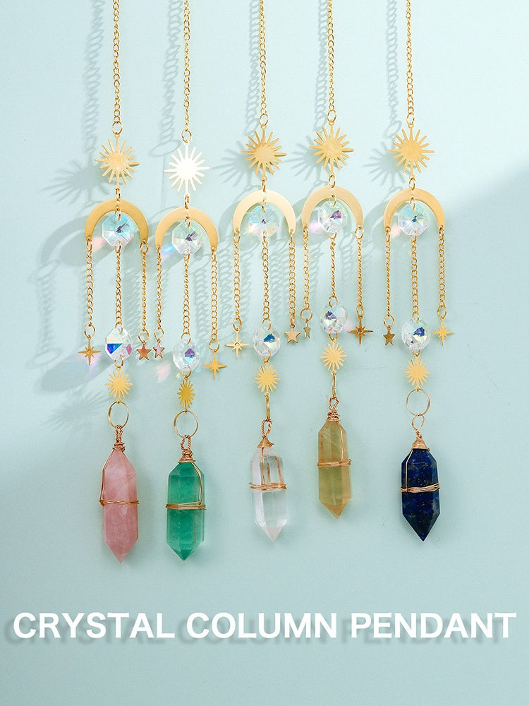 Natural crystal, sun catcher, double-pointed crystal column, wind chime quartz pendant, handmade star and moon window pendant, decorative gift 