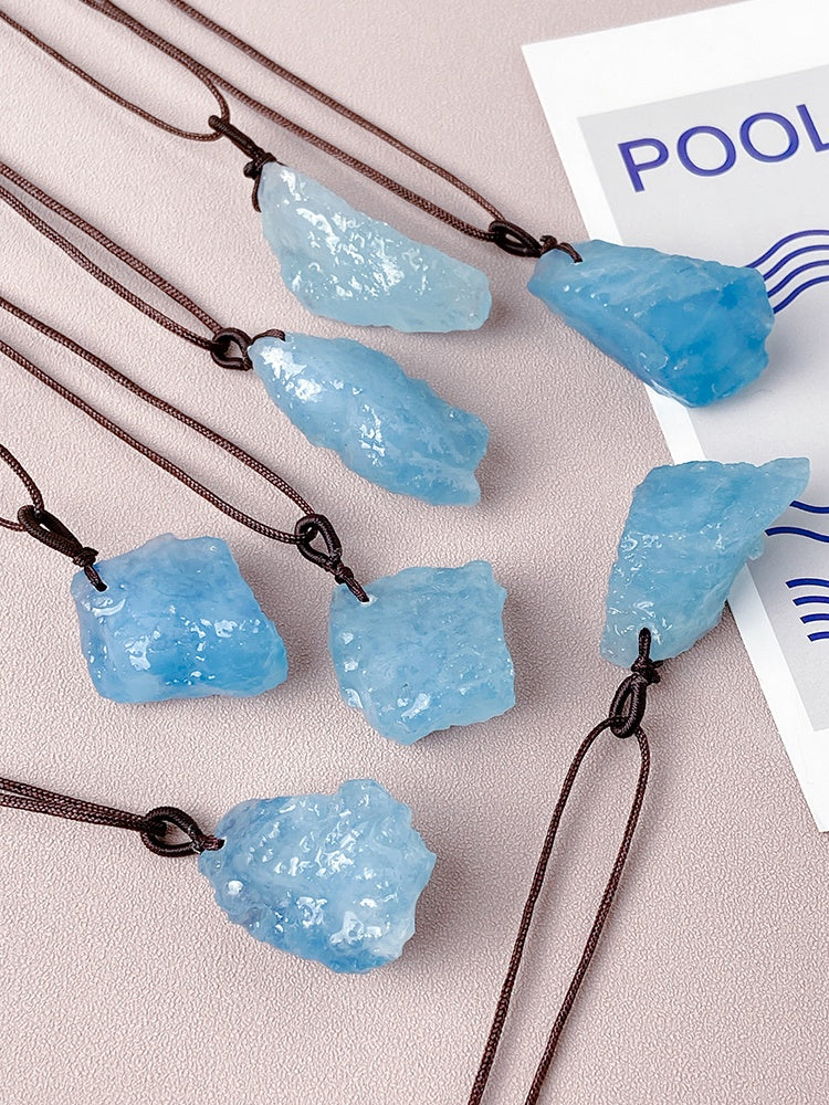 Natural Aquamarine Rough Pendant, Freeform, Iced Glutinous Sea Sapphire Blue Necklace, Blue Crystal, Sweater Chain, Jewelry